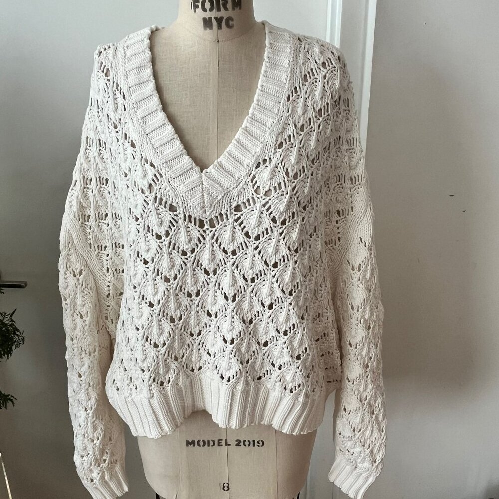 ALLUDE White Cotton Crochet Sweater Size XL